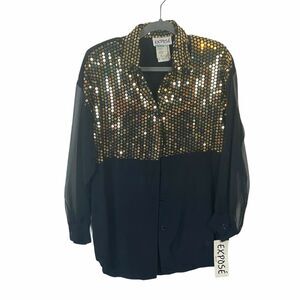 Sequin Sheer 80s Disco Chic Funky Fun Shirt Black Gold New Old Stock Expose SZ M